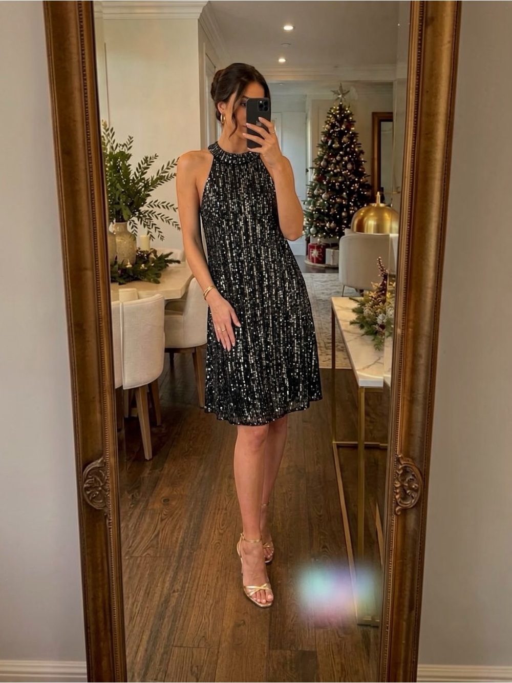 Laundry by Shelli Segal Black Sequin Halter Dress US 12 Knee Length Cocktail